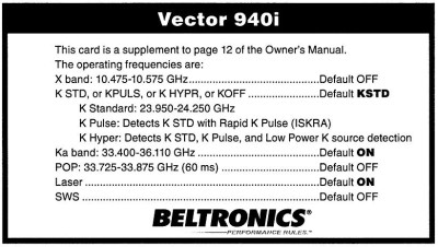 Настройки радар-детектора Beltronics 940I 
