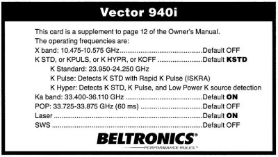Настройки радар-детектора Beltronics 940I