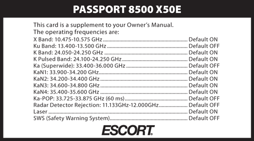 Настройки радар-детектора Escort Passport 8500 x50 Euro