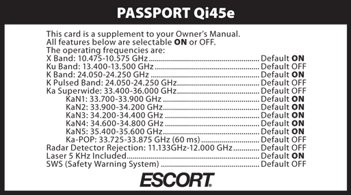 Настройки радар-детектора Escort Passport QI 45 Euro